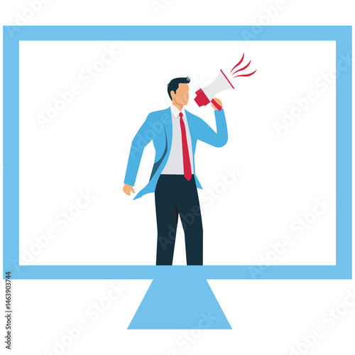 A Businessman standing next to a megaphone inside a laptop, illustration for public relations, corporate announcements, promotional media, sales announcements