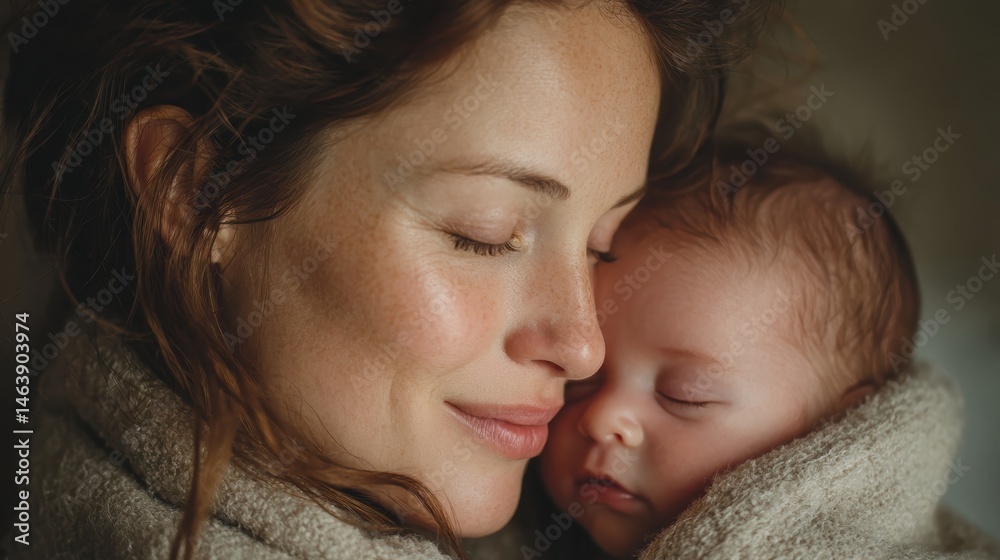 Close interaction between a mother and her newborn baby in a bright, loving home atmosphere. Close interaction between a mother and her newborn baby in a bright, loving home atmosphere.
