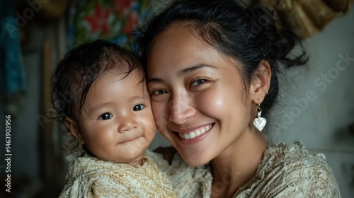 A mother with her infant, exuding happiness and tenderness in a simple home setting.