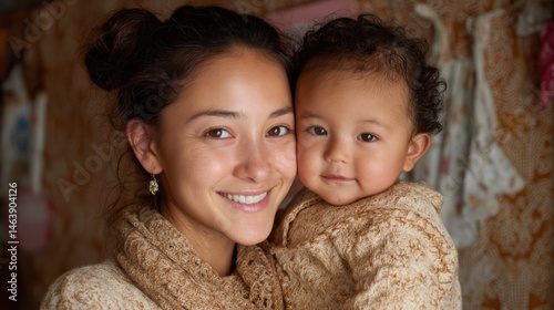 A mother with her infant, exuding happiness and tenderness in a simple home setting.
