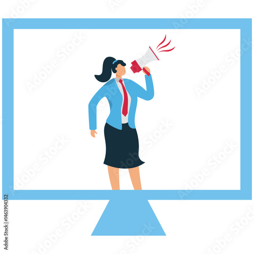 A Businesswoman standing next to a megaphone inside a laptop, illustration for public relations, corporate announcements, promotional media, sales announcements