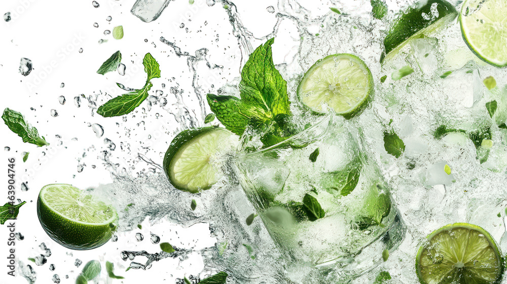 Obraz premium Mojito cocktail splash, lime, mint, ice, dark background, refreshing drink