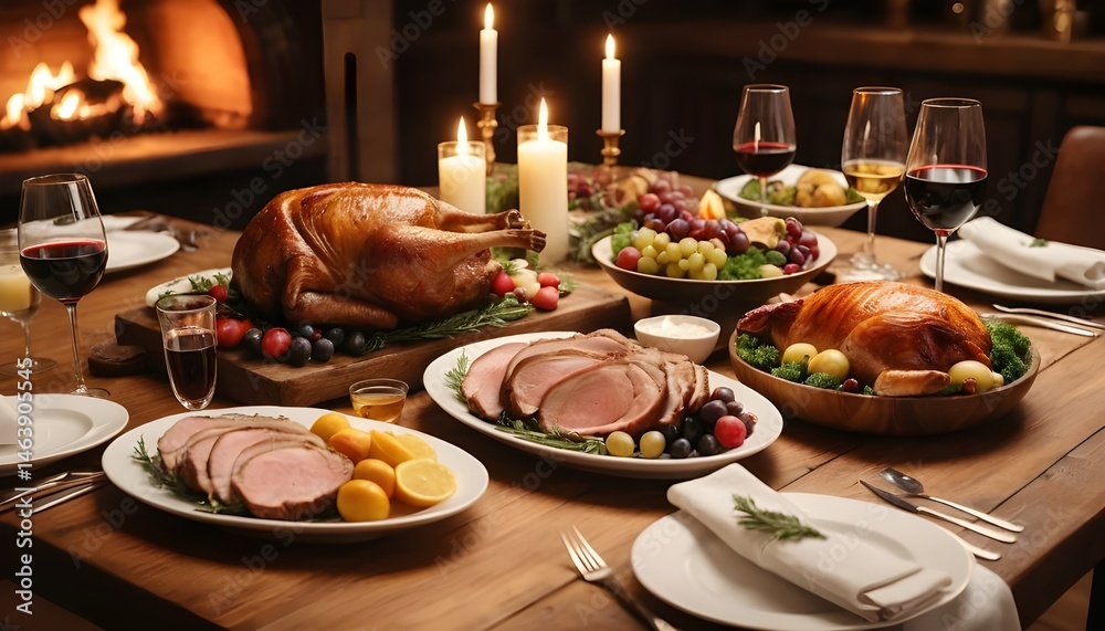 Fototapeta premium roasted lamb and chiken chops with potatoes in a dinner table