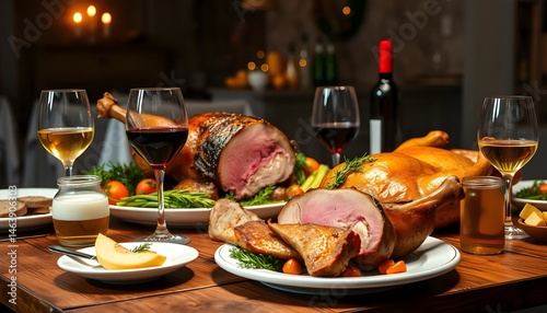 roasted lamb and chiken chops with potatoes in a dinner table