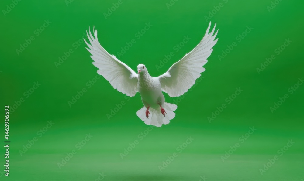 Fototapeta premium White dove flying on a green screen background. Flying bird with open wings. Abstract white peace dove concept.