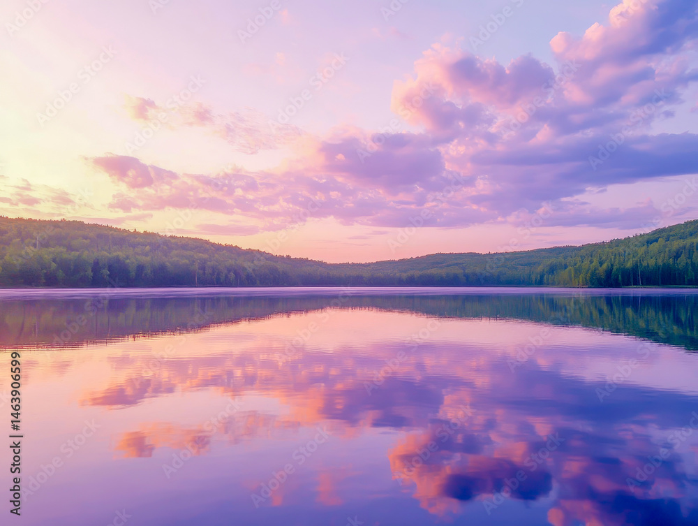 Fototapeta premium Bright clouds race across the twilight sky, their colors mirrored in the still waters of a mountain lake. This peaceful scene captures the calm of evening light and nature's harmony