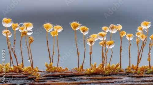 Close-up showing fuzzy mold spores on a decomposing log, capturing the delicate structures and ethereal beauty of fungal life on a decaying surface.