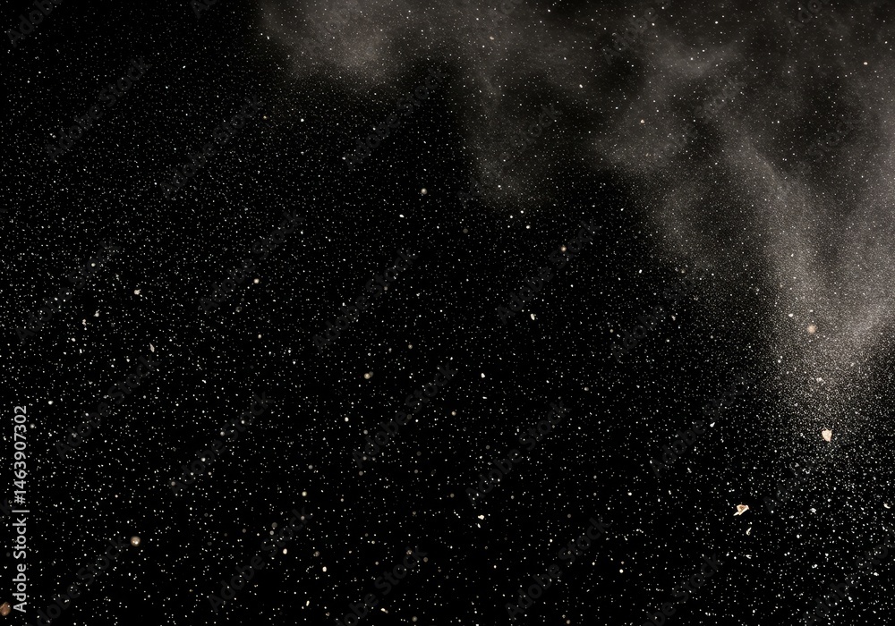 Obraz premium Floating White Dust Particles Against a Solid Black Background