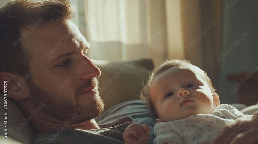 Portrait of happy caucasian dad, father and baby bonding and smiling together, sitting in a sofa. Beautiful photo, poster for father’s day. Happy family. Young man with child, daughter or son. Portrait of happy caucasian dad, father and baby bonding and smiling together, sitting in a sofa. Beautiful photo, poster for father’s day. Happy family. Young man with child, daughter or son.