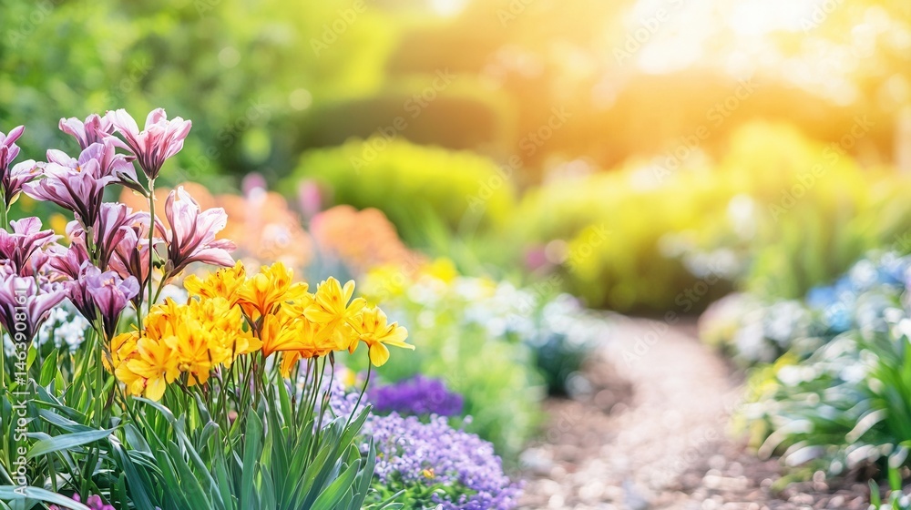 Obraz premium Vibrant Spring Flowers Blooming in Garden Path
