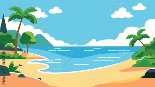 Beautiful Vector Illustration a Tropical Beach Getaway with Sandy Shores, Gentle Turquoise Waves, Lush Green Palm Trees, Distant Mountains Under a Clear Blue Sky Adorned with Soft White Clouds