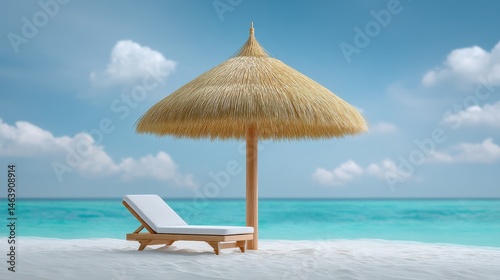 Wallpaper Mural Peaceful and idyllic tropical beach landscape with a thatched umbrella and lounge chair surrounded by crystal clear turquoise waters and a cloudy blue sky Torontodigital.ca
