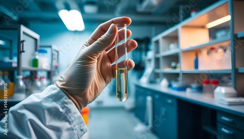 a laboratory assistant's hand holding a test tube in a chemistry laboratory