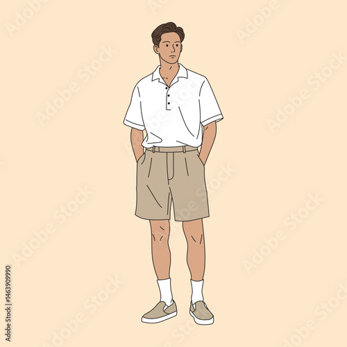 flat design vector illustration, a stylish man wearing a white polo shirt, beige shorts, white socks and brown sneakers standing with his hands in his pockets on a beige background