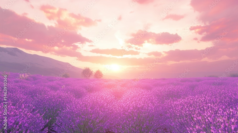 Obraz premium Serene Sunset over Lavender Field and Mountains