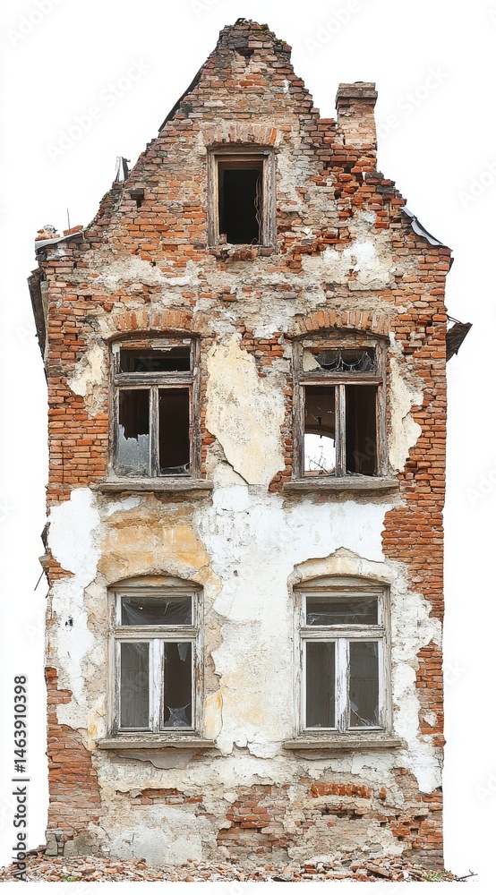 Fototapeta premium Derelict Brick Building Facade with Broken Windows