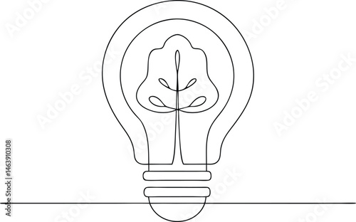 Continuous one line drawing of a light bulb with a tree inside, symbolizing eco-friendly and creative concept

