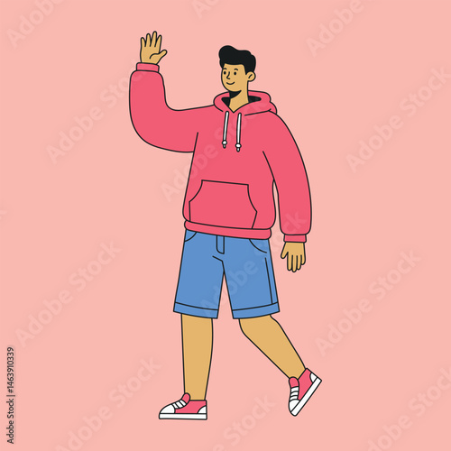 flat design vector illustration, A man wearing a red hoodie, blue shorts, and red sneakers is waving cheerfully while walking on a pink background