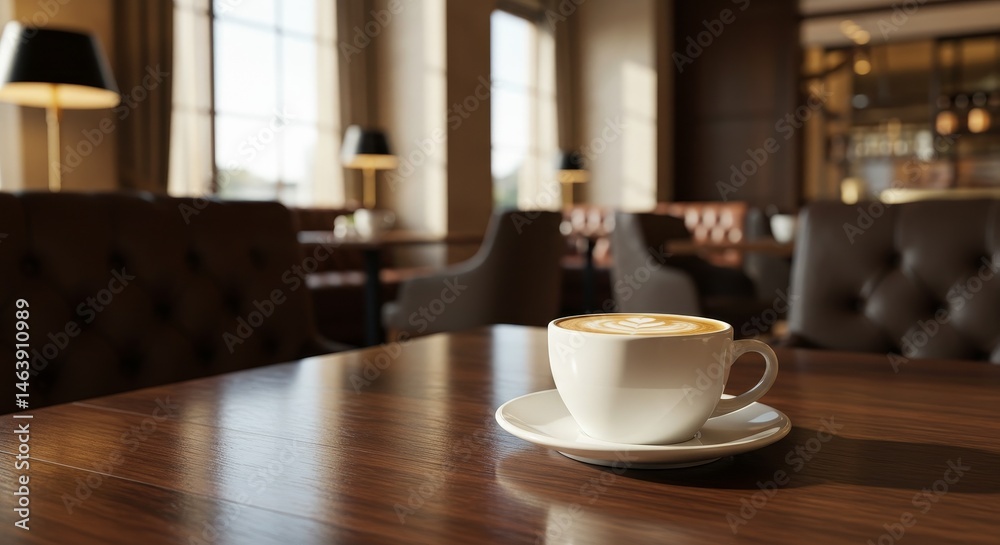 Frothy Latte Art Coffee Served on Wooden Table In Elegant Cafe Frothy Latte Art Coffee Served on Wooden Table In Elegant Cafe