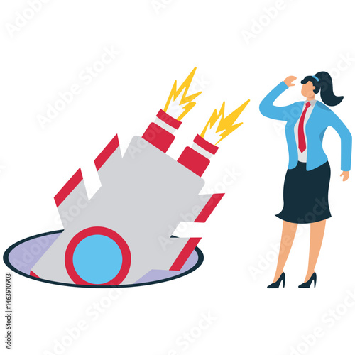 A Businesswoman thinking next to a rocket that failed to fly, an illustration of learning from mistakes, self-development, error analysis, never giving up