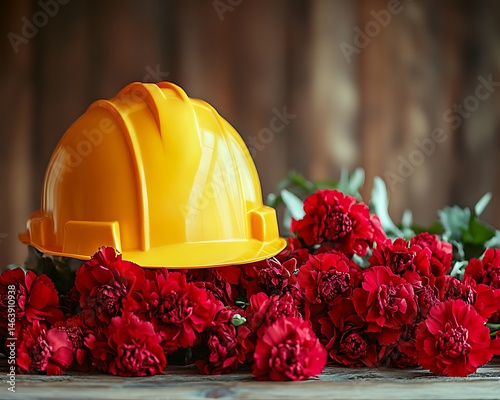 Safety helmet & Carnations on wooden table