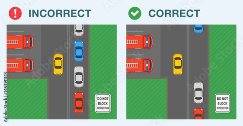 Safe driving tips and traffic regulation rules. Correct and incorrect driving. Do not block intersection. Top view of traffic flow in front of fire station. Flat vector illustration template.