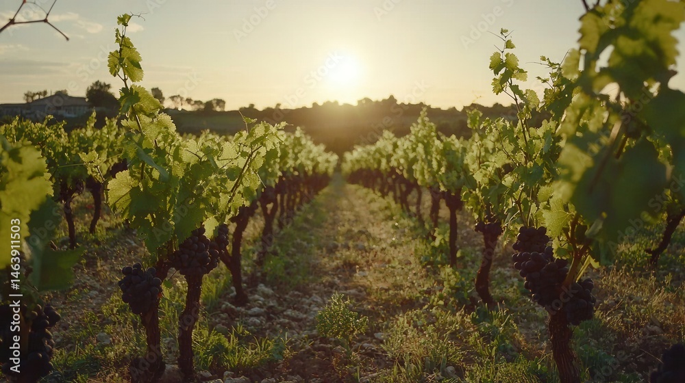 Naklejka premium Vineyard at Sunset Rows of Grapes and Golden Light