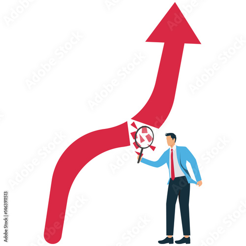 A Businessman holding a magnifying glass to examine a broken graph, an illustration of learning from mistakes, self-development, error analysis, never giving up