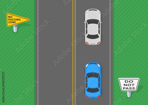 Traffic regulation rules and tips. "Do not pass" and "No passing zone" sign area. Top view of a traffic flow on two lane road with double solid line marking. Flat vector illustration template.