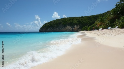 Serene Tropical Beach Scene Turquoise Water White Sand and Lush Green Cliffs