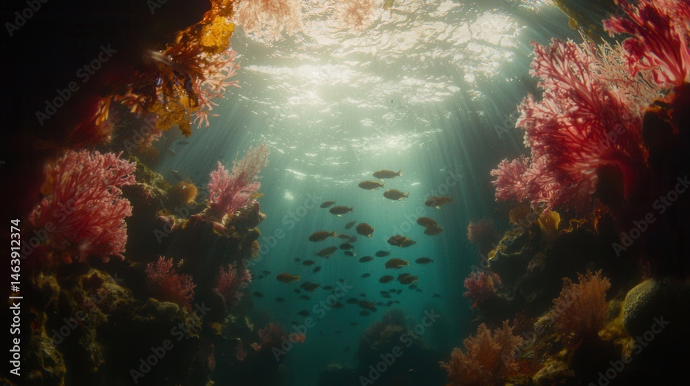 Naklejka premium Underwater Scene Sunbeams Illuminate Vibrant Coral Reef and Fish