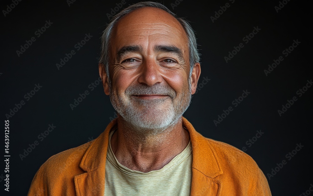 Fototapeta premium old vogue confident smiling man with short hair, wearing a light solid color blazer, standing against color background