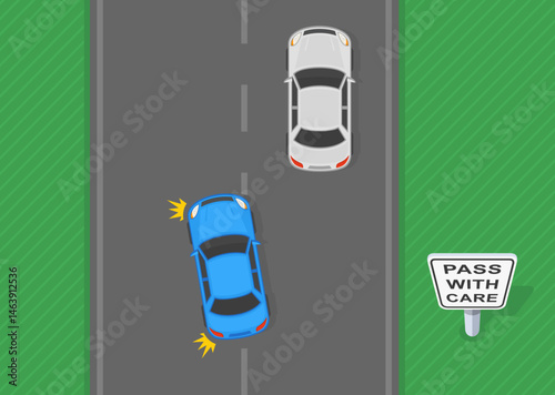 Traffic regulation rules and tips. "Pass with care" sign area. Passing is allowed. Top view of a sedan car trying to overtake another vehicle. Flat vector illustration template.