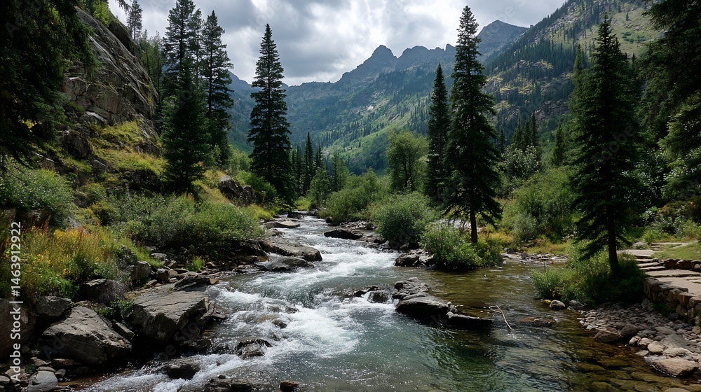 Obraz premium Rocky River Winding Through Mountains