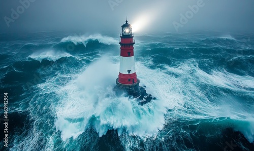 dramatic ocean storm where a lighthouse beams through the rain, guiding a ship to safety amid crashing waves, Generative AI