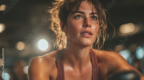 A woman working hard on an exercise bike in the gym, feeling the burn as she pursues a healthier, slimmer, and firmer body.