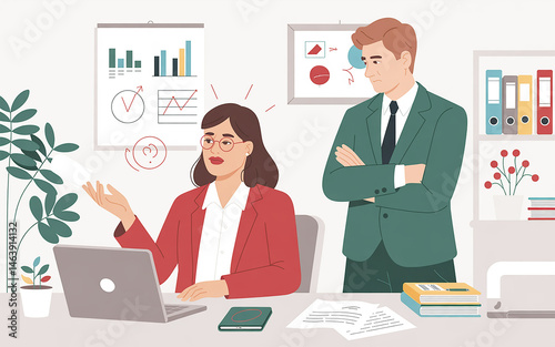 Businesswoman presenting report to a disapproving manager in an office environment