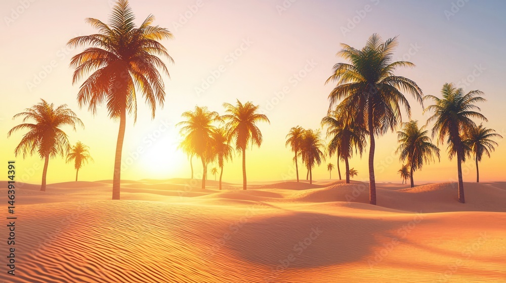 Obraz premium Sunset over Palm Trees in Sandy Desert Landscape