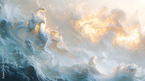 Abstract ethereal celestial landscape with flowing clouds and radiant golden light