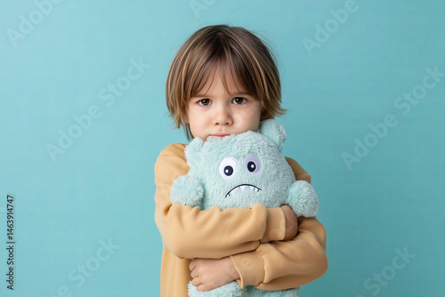 Child holding a plush toy with a worried expression stands against a light blue backdrop during a bright morning