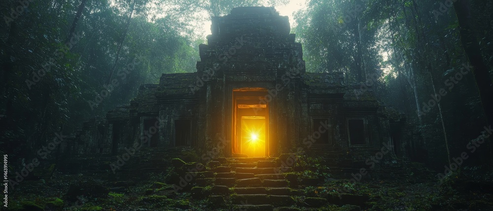 Obraz premium dramatic jungle expedition where explorers discover a hidden temple glowing with mystical energy, Generative AI
