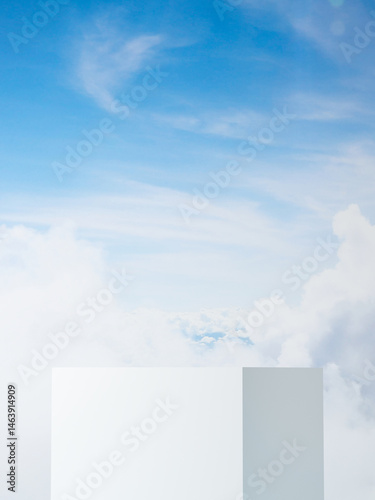 White Podium for Cosmetic Product Presentation with Sky Background. Mockup Stage Stand Platform, Studio display showroom cosmetic product pedestal, Fashion stage showcase mockup scene.