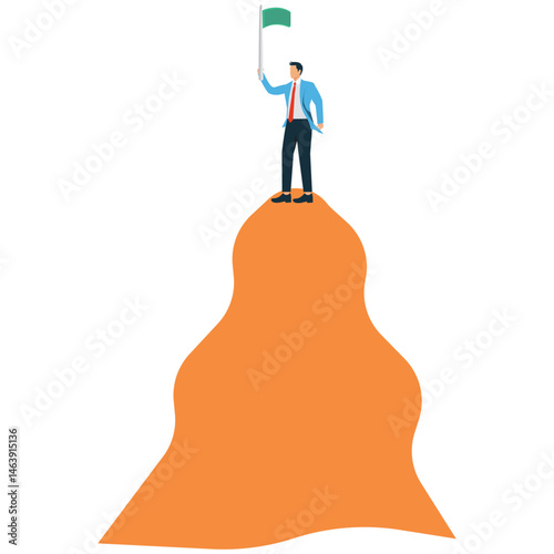 A Businessman holding a flag standing looking far away at the top of a mountain, an illustration for exploring business, market prediction, journey to success