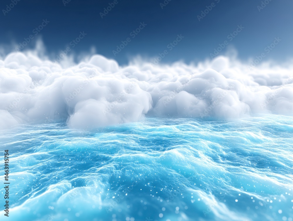 Obraz premium Serene ocean waves beneath a bright blue sky with fluffy clouds.