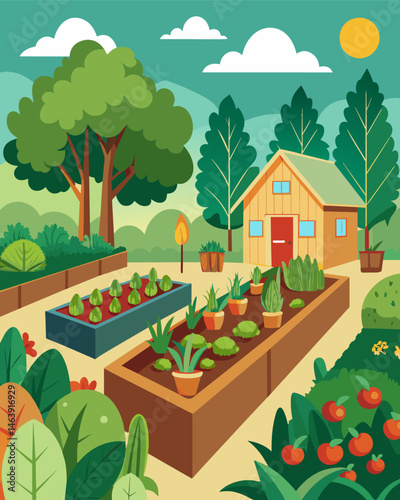 The backyard featured a thriving vegetable garden filled with organic produce that was used for meals in the sustainable household.. Vector illustration