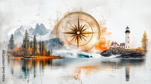 Golden compass guiding through mountains, waves, and lighthouse in travel and exploration concept