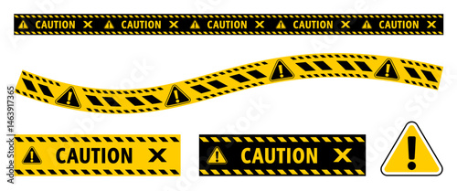 Bild auf Leinwand Black and yellow caution tape with warning signs and stripes