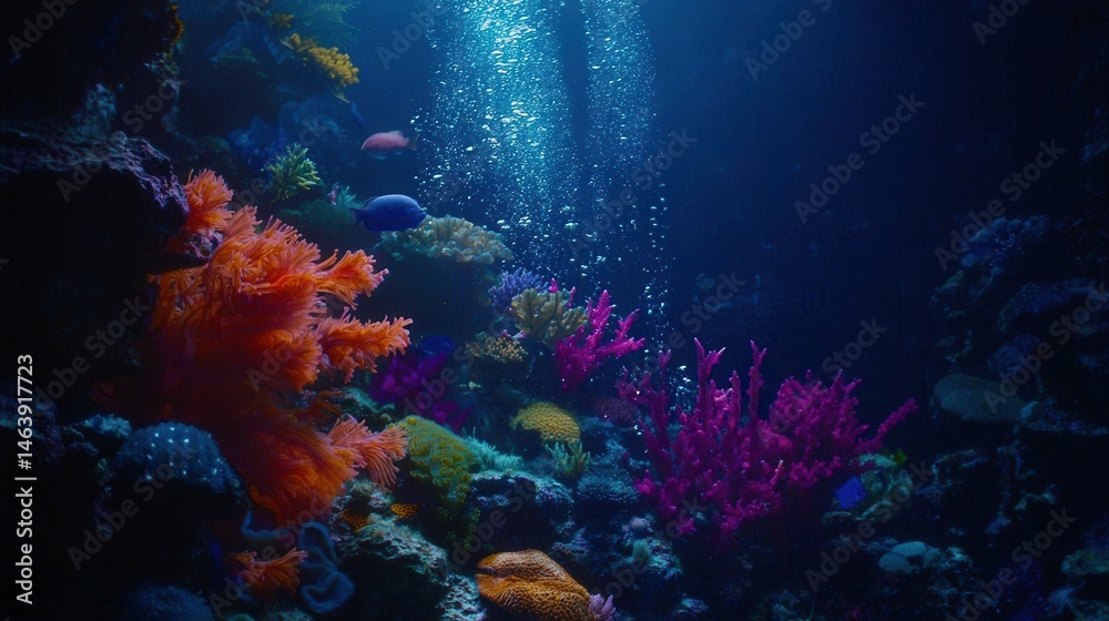 Naklejka premium Vibrant Underwater Coral Reef Scene with Fish and Bubbles