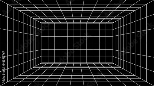 3d wireframe perspective grid room template design vector illustration background. Empty 3 dimension virtual room with perspective wireframe grid geometric sketch. Cyber virtual line interior frame.