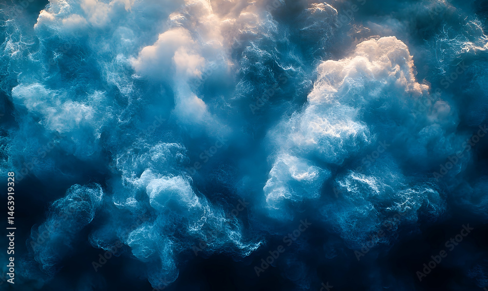 Fototapeta premium Ethereal blue clouds with golden light, a dreamlike aerial view